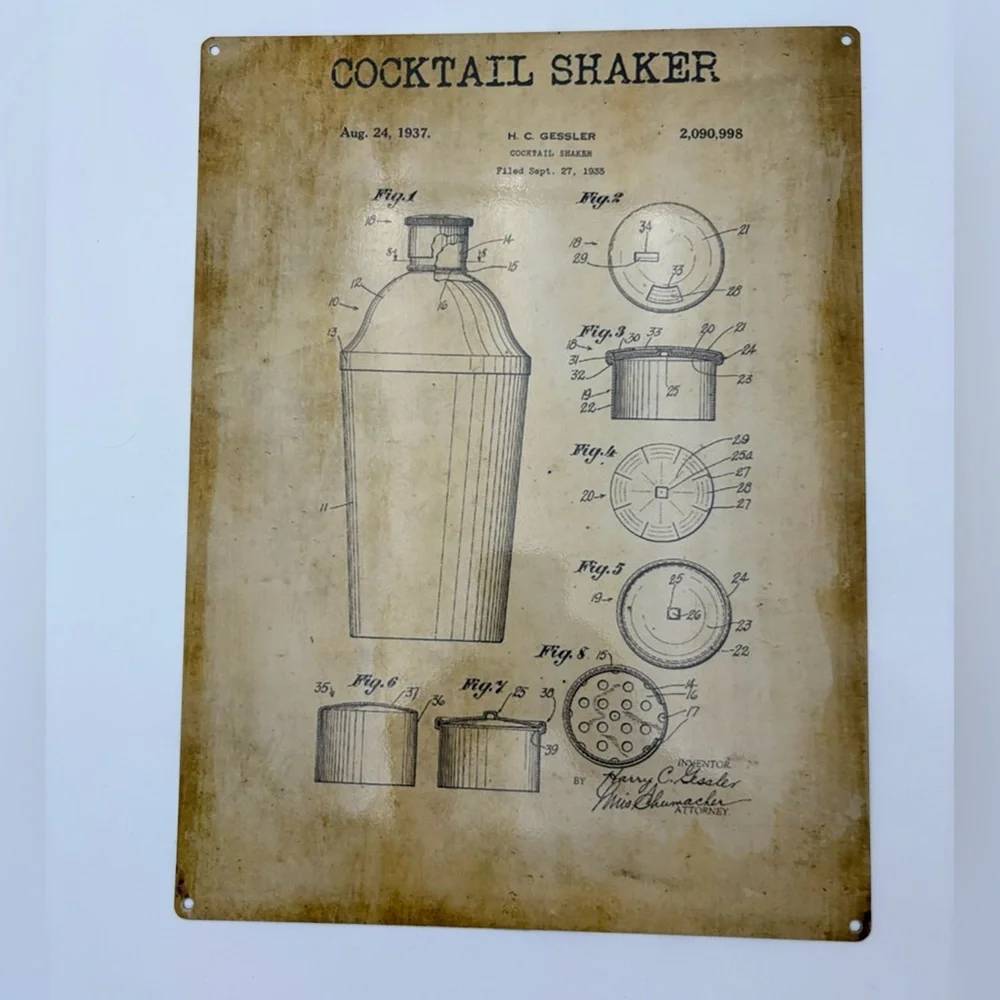 Vintage-Style Cocktail Shaker Patent Metal Sign